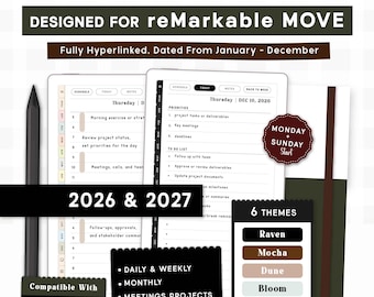 Planner Templates Compatible with reMarkable Paper Pro MOVE | 2026 + 2027 Daily Weekly Monthly Productivity Calendar.