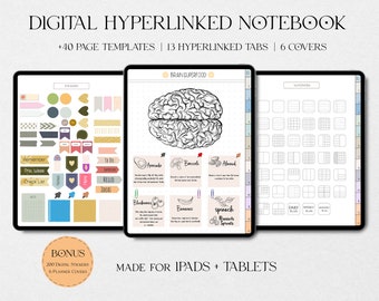 Cahier blanc numérique, journal hyperlié étudiant, cahier hyperlien numérique horizontal avec onglets, cahier iPad minimaliste pour GoodNote