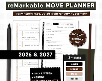 Custom reMarkable Paper Pro MOVE Planner Templates | 2026 + 2027 Daily Weekly Monthly Productivity Calendar.