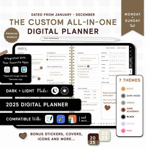 2025 Digital planner, Goodnotes Planner, Monthly, Weekly & Daily iPad Planner, Dated Notability Dark Digital Planner.