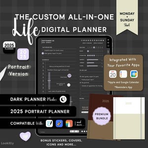 Pode incluir: Um planejador digital para 2025 em formato retrato. O planejador tem um modo escuro e é compatível com os aplicativos Apple e Google Calendar e Lembretes. O planejador está disponível como um pacote premium.