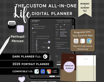 2025 Dark Portrait Digital Planner for Goodnotes, Dated Life Planner, Notability Ipad + android Dark Mode planner.
