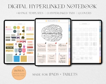 Black and white Digital Hyperlinked Notebook, Notebook with Tabs for Student, Goodnotes, Notability, Minimal Notebook ipad, Cornell Note.