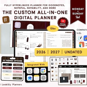 May include: A digital planner for GoodNotes, Noteful, and Notability featuring a weekly layout with task lists, habit trackers, and priority sections. Includes 2026, 2027, and undated versions with 10 colour themes, YouTube tutorials, and app integration icons.