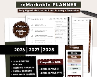 Planner Templates Compatible with reMarkable Paper Pro, 2026 2027 2028 ReMarkable 2 Tablet | Daily Weekly Monthly Productivity Calendar.