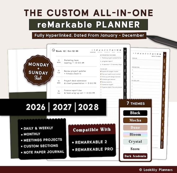 Planner Templates Compatible with reMarkable Paper Pro, 2026 2027 2028 ReMarkable 2 Tablet | Daily Weekly Monthly Productivity Calendar.