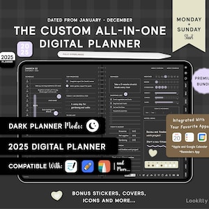 Puede incluir: Una agenda digital para 2025 con una opción de modo oscuro. La agenda es compatible con las aplicaciones Apple y Google Calendar y Recordatorios. La agenda incluye un horario diario, prioridades principales, una lista de tareas, una sección de recordatorios, un rastreador de estado de ánimo y un rastreador de presupuesto. La agenda también incluye pegatinas adicionales, cubiertas, iconos y más.