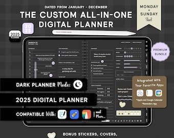2025 Dark Digital Planner, Goodnotes Planner, Monthly, Weekly & Daily iPad Planner, Dated Notability Planner.