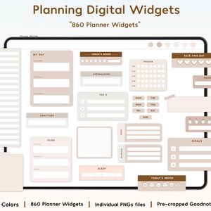 May include: A digital planner with 860 widgets for organizing your day. The widgets are in a variety of colors and styles, including a daily schedule, a mood tracker, a to-do list, and a gratitude log. The widgets are designed to be used in Goodnotes.