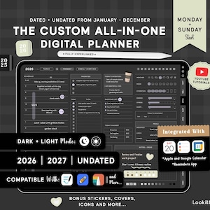 Custom Dark Digital planner, Goodnotes Planner, Daily Weekly Monthly Planning for iPad & Android | 2026 + 2027 + Undated Black Planner.