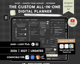 Custom Dark Digital planner, Goodnotes Planner, Daily Weekly Monthly Planning for iPad & Android | 2026 + 2027 + Undated Black Planner.