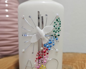 Handmade Easter candle, silver, colorful, dove, Easter, modern