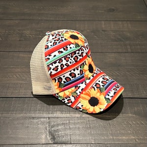 Sunflower Leopard Ponytail Hat | Western Boho Hat | Adjustable Velcro Back Hat | Cowgirl Hat | Baseball Cap | Western Trucker Hat