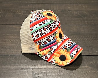 Sunflower Leopard Ponytail Hat | Western Boho Hat | Adjustable Velcro Back Hat | Cowgirl Hat | Baseball Cap | Western Trucker Hat