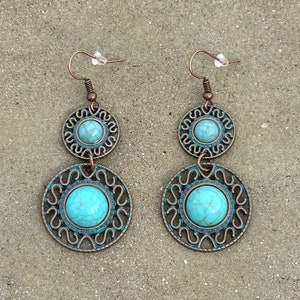 Vintage Drop Earrings | Turquoise and Copper Antique Metal | Western | Boho | Gift