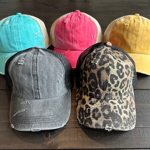 Ponytail Trucker Hat | Ponytail Hat | High Ponytail Distressed Hat | Messy Bun Baseball Cap | Velcro Adjustable Hat
