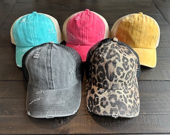 Ponytail Trucker Hat | Ponytail Hat | High Ponytail Distressed Hat | Messy Bun Baseball Cap | Velcro Adjustable Hat