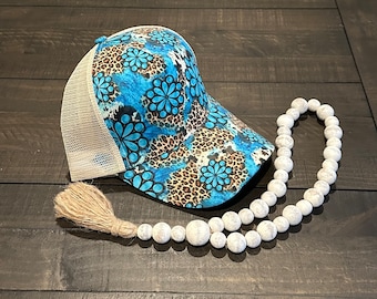 Turquoise Leopard Ponytail Hat | Western Boho Hat | Adjustable Velcro Back Hat | Cowgirl Hat | Baseball Cap | Western Trucker Hat