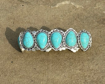 Turquoise & Silver Geometric Tear Drop Elastic Bracelet | Vintage Stretch Boho Jewelry | Party Gift