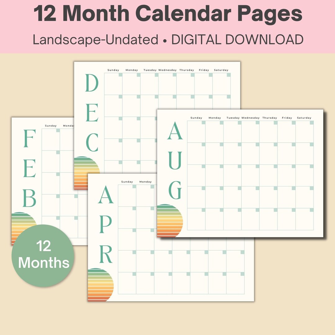 Printable Calendar, Landscape Calendar, Calendar Insert Pages, Monthly ...