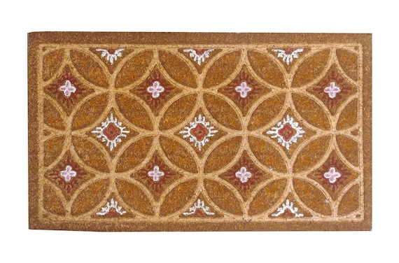 Large Embossed Coir Doormat 45 x 75cm WHITE CIRCLE FLOWERS Natural Coconut Dirt Trapper Non-Slip Mat