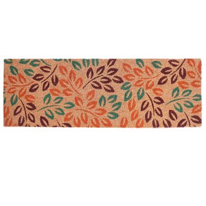 May include: A brown coir doormat with a pattern of orange, green and purple leaves.