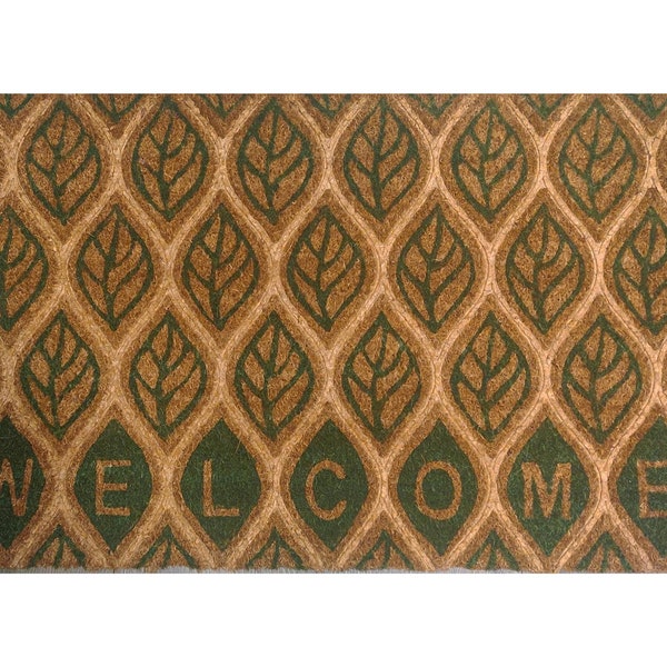 Large Embossed Coir Doormat 45 x 75cm GREEN LEAVES PATTERN Natural Coconut Dirt Trapper Non-Slip Mat