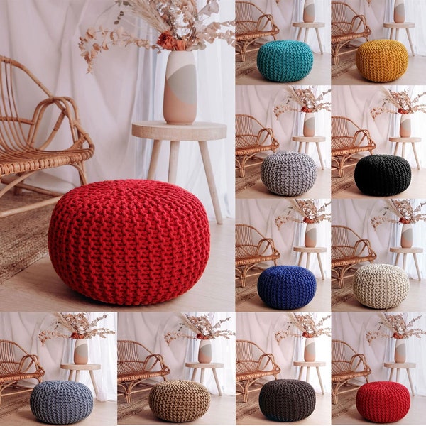 Chunky Knitted Pouffe  50cm Braided Beans Ottoman Footstool Round Moroccan Cushion 100% Cotton Cover and Firm Polyester Filler