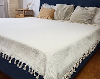Tagesdecke (200x240) aus 100% Premium-Baumwolle aus der Türkei | XXL Couch Decke | Fischgräten-Optik | Farbe: Natur-Creme