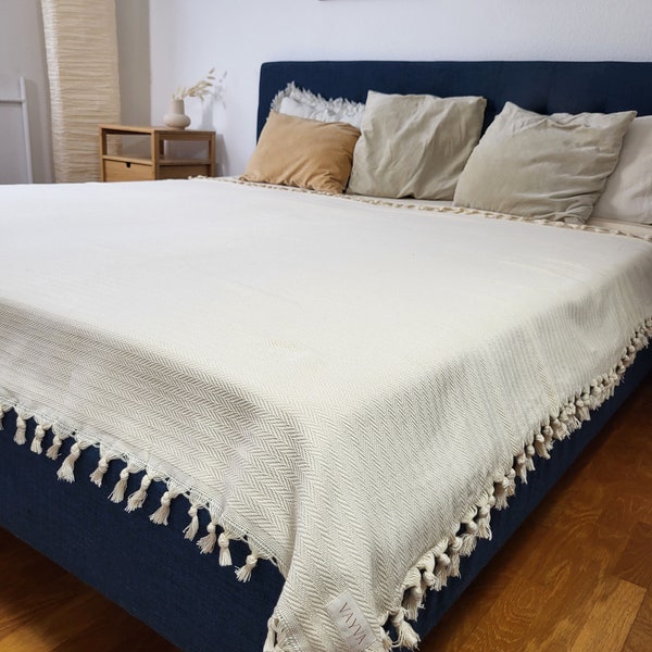 Tagesdecke (200x240) aus 100% Premium-Baumwolle aus der Türkei | XXL Couch Decke | Fischgräten-Optik | Farbe: Natur-Creme