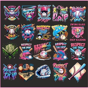 Puede incluir: Una colección de gráficos con temática de béisbol con la frase "Respect the Drip" en varios diseños. Las imágenes presentan pelotas de béisbol, bates, cascos y la bandera estadounidense, con colores vibrantes y efectos de goteo.