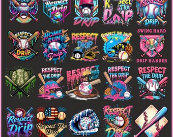 Paquete PNG de Baseball Drip / Diseños de sublimación Respect The Drip / 20 diseños de camisetas de béisbol retro / SVG PNG de béisbol para Cricut, sublimación