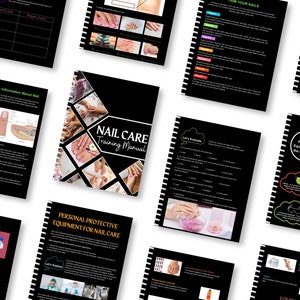 May include: A black and white training manual for nail care with the title "Nail Care Training Manual". The manual includes images of hands and feet receiving nail care treatments.