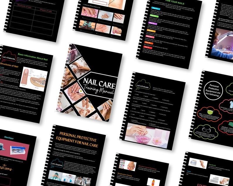 May include: A black and white training manual for nail care with the title "Nail Care Training Manual". The manual includes images of hands and feet receiving nail care treatments.
