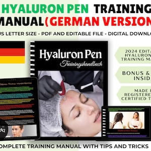 May include: A digital download of a training manual for Hyaluron Pen treatments. The manual is in German and includes a bonus section with tips and tricks. The cover features a woman receiving a treatment and the text "Hyaluron Pen Trainingshandbuch".