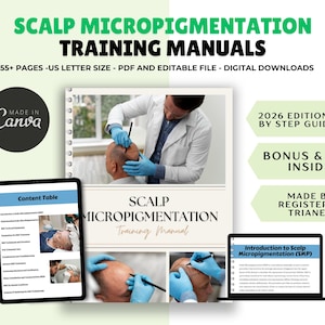 May include: A digital download advertisement for scalp micropigmentation training manuals. The image features a tablet and laptop displaying content, a manual, and text that reads "SCALP MICROPIGMENTATION TRAINING MANUALS". The manuals are 55+ pages and include step-by-step guidance.