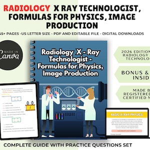 Könnte beinhalten: Ein digitaler Leitfaden für Röntgen-Technologen, der Formeln für Physik und Bilderstellung enthält. Der Leitfaden enthält Übungsfragen und ist im PDF-Format verfügbar. Das Cover zeigt den Titel und eine Grafik von medizinischem Fachpersonal.