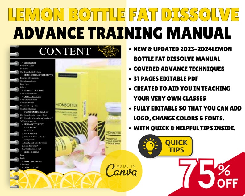 Lemon Bottle Fat Dissolving Training Manual, Lemon Bottle Fat Dissolve, Editable Lipolysis Training Guide, Mesotherapy Manual, Edit in Canva image 2