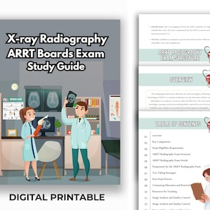 Könnte beinhalten: Digital druckbarer Studienführer für die X-Ray Radiography ARRT Boards Exam. Das Cover zeigt eine Illustration von medizinischem Fachpersonal und den Text "X-ray Radiography ARRT Boards Exam Study Guide".