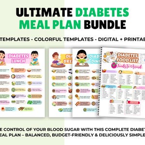 Peut inclure: Un ensemble de modèles de plans de repas pour diabétiques imprimables. Le titre est "ULTIMATE DIABETES MEAL PLAN BUNDLE" en vert et noir. L'ensemble comprend des modèles pour le déjeuner, le petit-déjeuner, le dîner et une liste d'aliments.