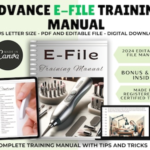 May include: A digital download for an e-file training manual. The cover features a silver e-file with a digital display, a variety of nail drill bits, and a hand holding a nail file. The text on the cover reads "E-File Training Manual".