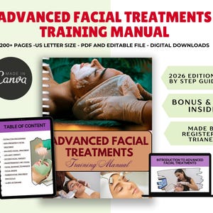 Op de afbeelding: Een digitale trainingshandleiding getiteld "Advanced Facial Treatments" met de tekst "200+ pagina's" en "PDF en bewerkbaar bestand". De afbeelding bevat een tablet en een laptop met inhoud, en een foto van een gezichtsbehandeling.