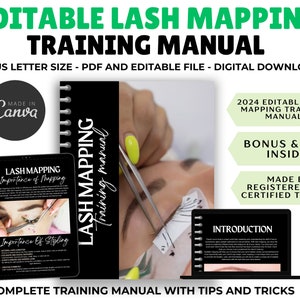 Può includere: Un download digitale per un manuale di formazione sul mapping delle ciglia. Il manuale è in stile quaderno bianco e nero con il testo "Lash Mapping Training Manual" sulla copertina. L'immagine mostra anche uno schermo di laptop con il testo "Introduzione" e un primo piano di un occhio con extension di ciglia.