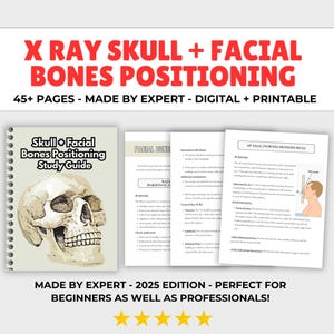 Könnte beinhalten: Ein Studienführer mit dem Titel "Skull + Facial Bones Positioning Study Guide" mit einer Illustration eines menschlichen Schädels. Offene Seiten mit Text und Diagrammen sind sichtbar. Der Text lautet "X RAY SKULL + FACIAL BONES POSITIONING".