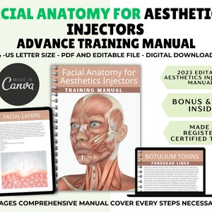 Può includere: Un manuale di formazione digitale per gli iniettori estetici, con un'immagine di copertina che mostra un'illustrazione anatomica dettagliata del viso umano. Il manuale è intitolato "Anatomia facciale per gli iniettori estetici" e include il testo "Manuale di formazione". Il manuale è composto da 39 pagine e copre tutti i passaggi necessari per gli iniettori estetici.