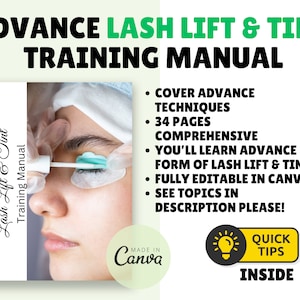 Lash Lift & Tint Editable Manual Canva Course Ebook Tutorial Step by Step Lesson Trainer Educator Student Learn Guide Template Training