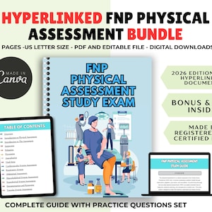 Puede incluir: Un paquete digital para el estudio de la evaluación física de FNP. La portada presenta el texto "FNP PHYSICAL ASSESSMENT STUDY EXAM" con ilustraciones. Incluye una tableta que muestra una tabla de contenido y una computadora portátil que muestra una guía de estudio.