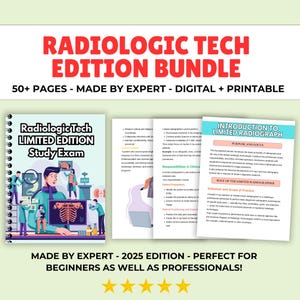 May include: A Radiologic Tech Edition Bundle with the text "Radiologic Tech Edition Bundle" in red. The bundle includes a study exam and an introduction to limited radiograph. The text "50+ pages - made by expert - digital + printable" is also visible.