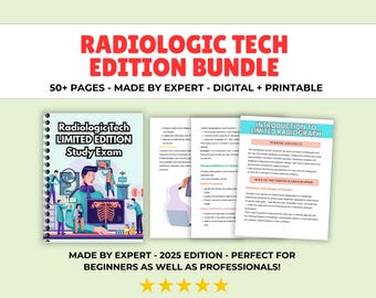 May include: A Radiologic Tech Edition Bundle with the text "Radiologic Tech Edition Bundle" in red. The bundle includes a study exam and an introduction to limited radiograph. The text "50+ pages - made by expert - digital + printable" is also visible.