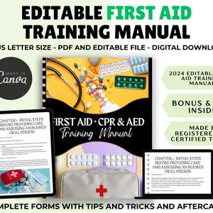 May include: Editable First Aid Training Manual, a digital download in PDF format. The cover features a stethoscope, pills, and the text "First Aid + CPR & AED Training Manual".